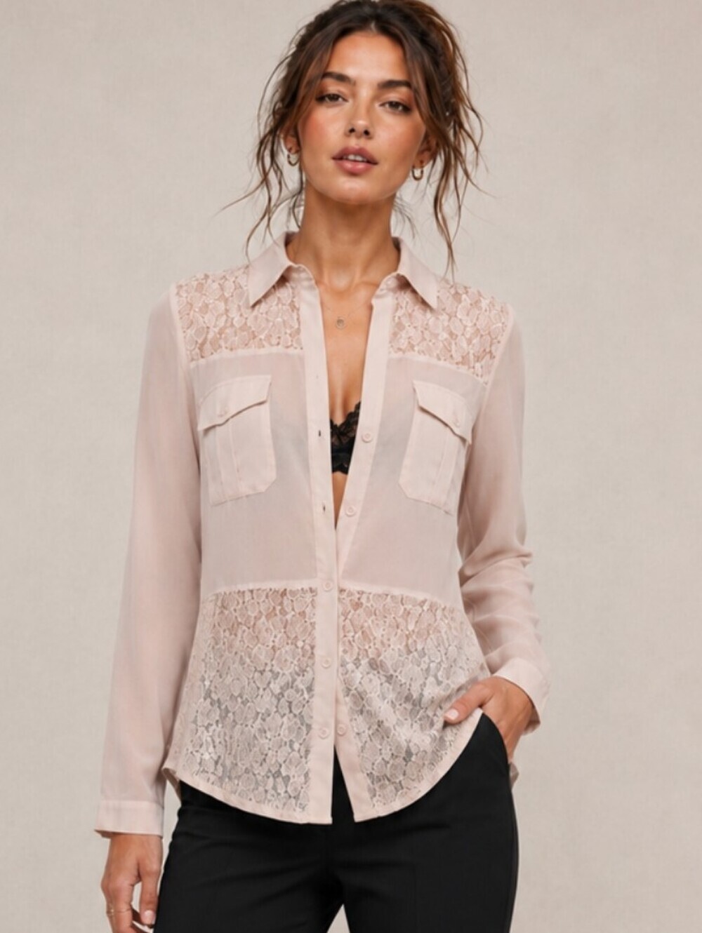 Status Array Lace Panel Semi-Sheer Button Front Blouse L Blush Boho Romantic